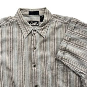L’uomo Men’s Size Large Tan Brown Stripe 100% Linen Button Up Short Sleeve Shirt